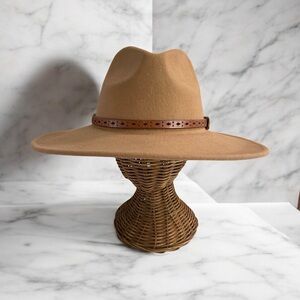 Wool Tan Fedora, Western, Fall, Winter Hat with Brown leather belt band.